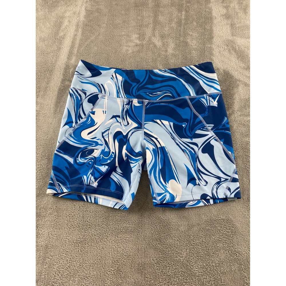 RBX Active Womens Bike Shorts Blue Marble Swirl Athletic Spandex Yoga Size L